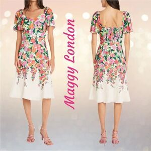 NWT Maggy London Sweetheart Floral Flutter Sleeves Dress. Size 10